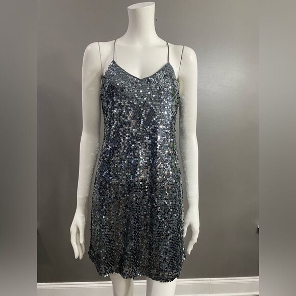 Express Silver Sequin Spaghetti Strap Razor Back Flowy dress. Size S/P - Picture 1 of 9